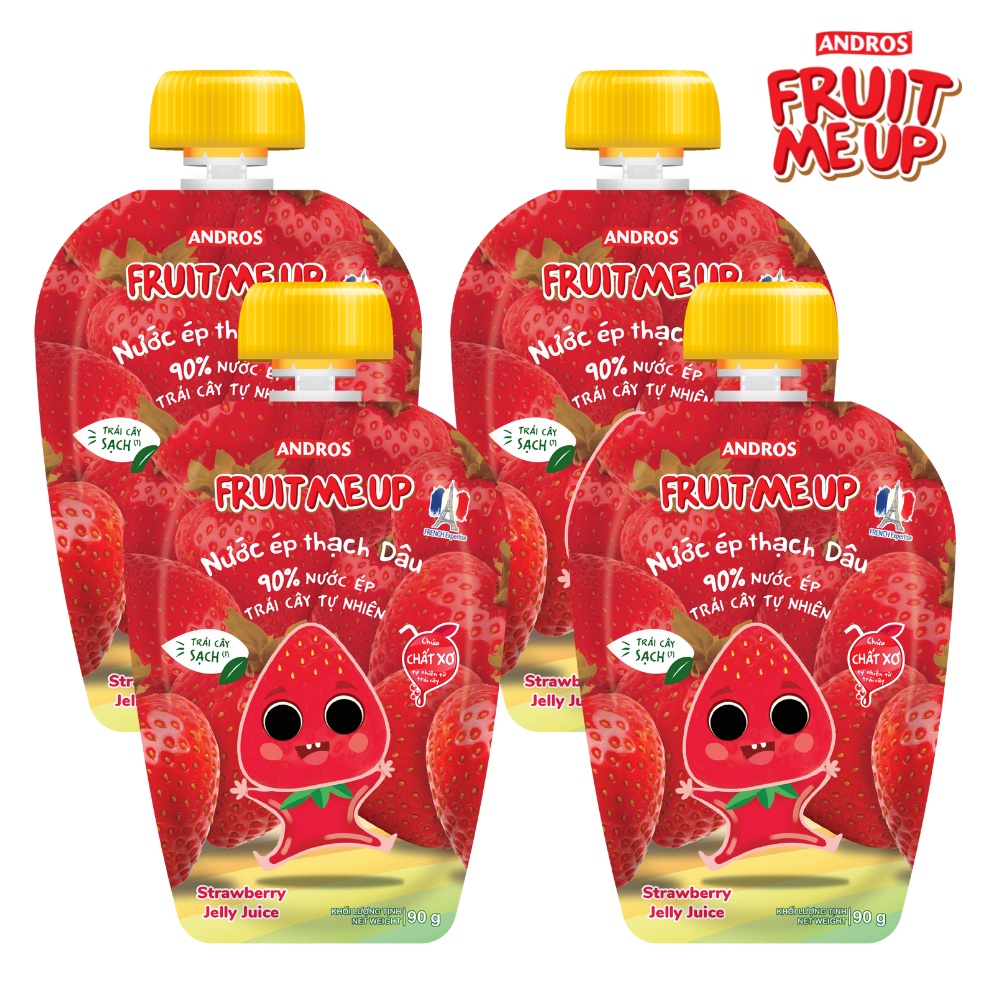 Combo 4 túi Nước Ép Thạch Dâu - 90% Nước Ép Trái Cây Thật - ANDROS FRUIT ME UP- 90gx4