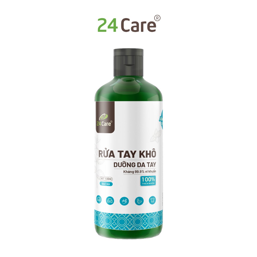 [DIỆT KHUẨN] Nước rửa tay khô tinh dầu Bạc Hà 24Care 100ML– Diệt khuẩn 99,9% đạt tiêu chuẩn FDA Hoa Kỳ