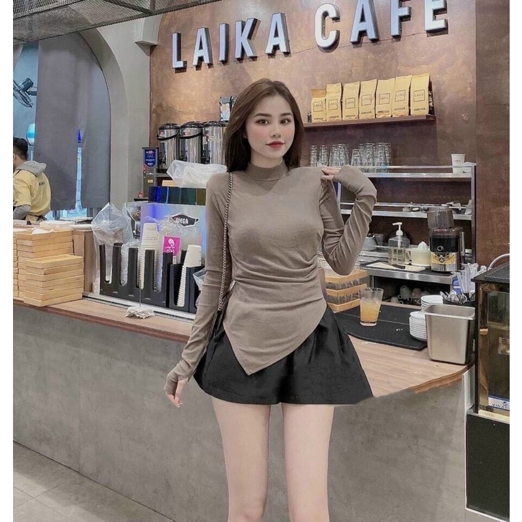 Áo kiểu vạt nhọn lệch cổ 3P, Áo thun tăm dáng ôm dài tay cổ cao AK1392 - NhiNhi Shop