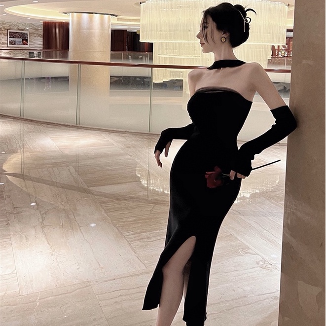 Đầm Dệt Kim Tay Dài Cổ Xẻ Tà Màu Đen Co Giãn Phong Cách Hàn Quốc Thời Trang Mùa Thu Quyến Rũ Cho Nữ