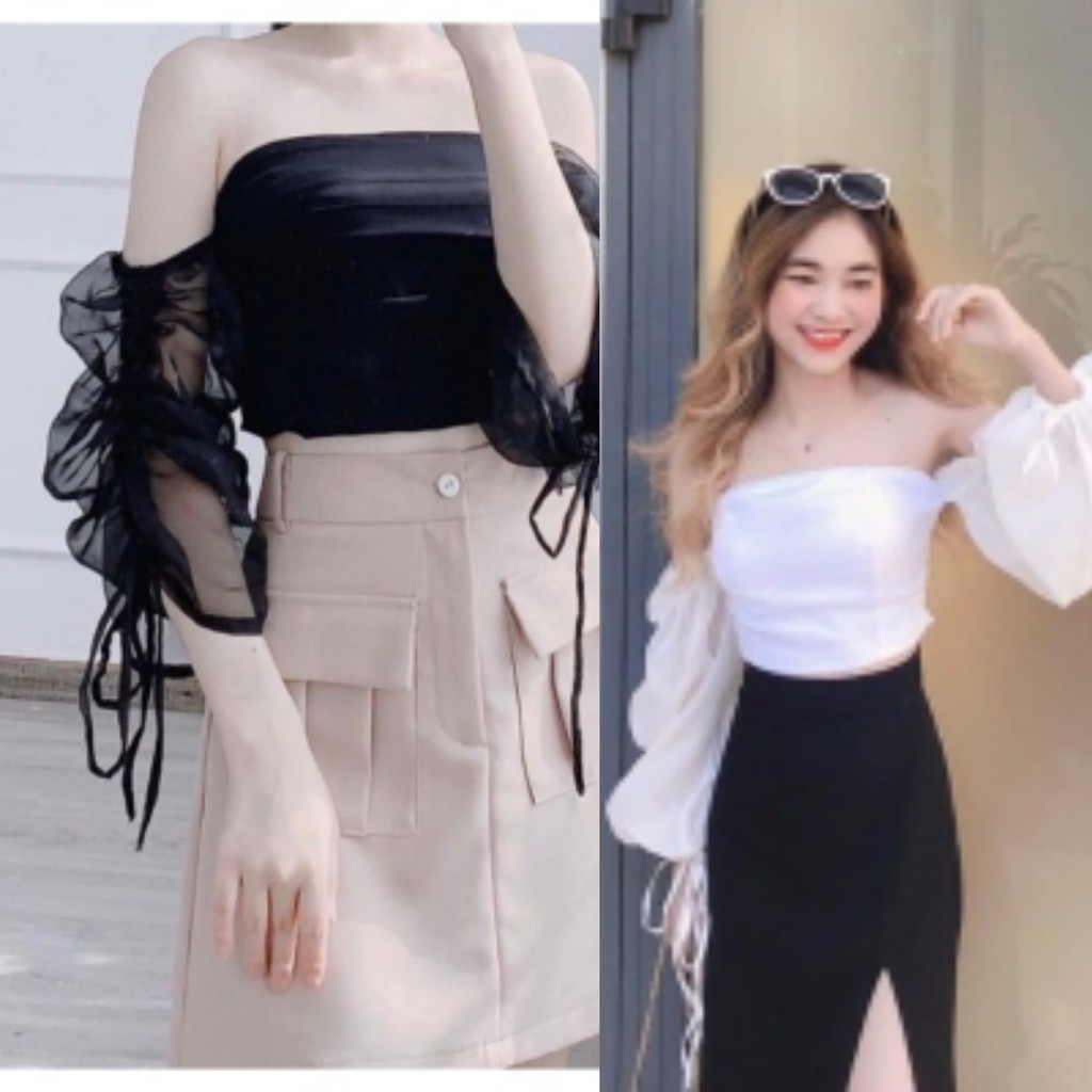 Áo crop tay voan rút dây