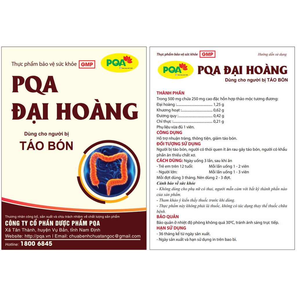 PQA ĐẠI HOÀNG : Dùng cho người bị táo bón-nhuận tràng , thông tiện