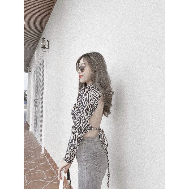 ÁO CROPTOP BEO NGỰA VẰN HỞ LƯNG ĐAN DÂY CỘT NƠ EO TAY DÀI KÈM ẢNH THẬT