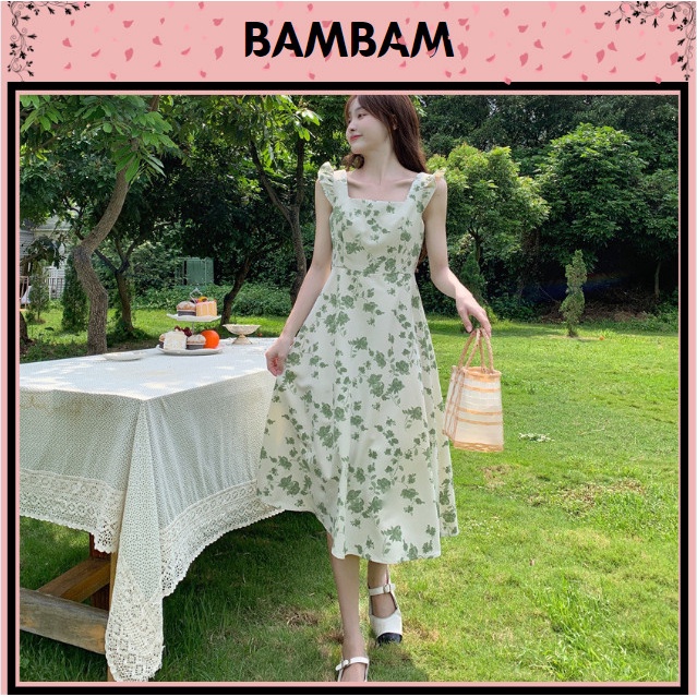 Váy nữ ,  đầm hai dây hoa lá green đi biển, đi du lịch ngọt ngào trẻ trung phong cách Hàn Quốc kèm ảnh thật trải sàn