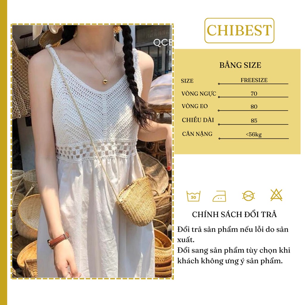 Đầm maxi xô trắng 2 dây cổ V phối lưới ngực hở vai sexy đi biển tiệc ulzzang màu trắng CHIBEST QCB53