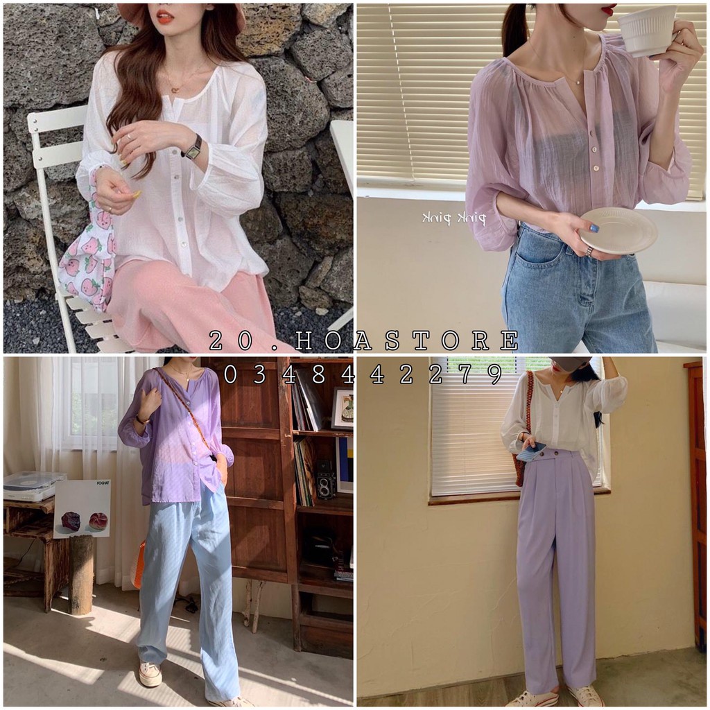 ÁO VOAN GIẤY KHOÁC NGOÀI TÍM TRẮNG - ÁO SƠ MI NHŨ XƯỚC 2 MÀU BASIC