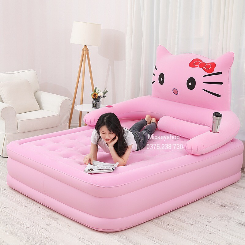 (GIÁ SALE) Giường hơi hình thú mèo kitty màu hồng nệm hơi 3 tầng 2 người nằm Mẫu giường trẻ em Người lớn đều nằm được