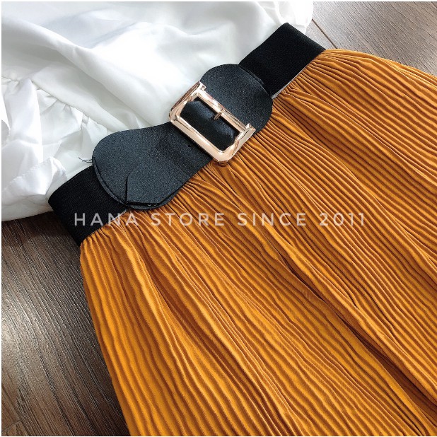 Combo 3 món chân váy xếp ly dáng dài, áo sơ mi bèo ở tay + thắt lưng[Hàng thật] có sẵn tại Hana Store