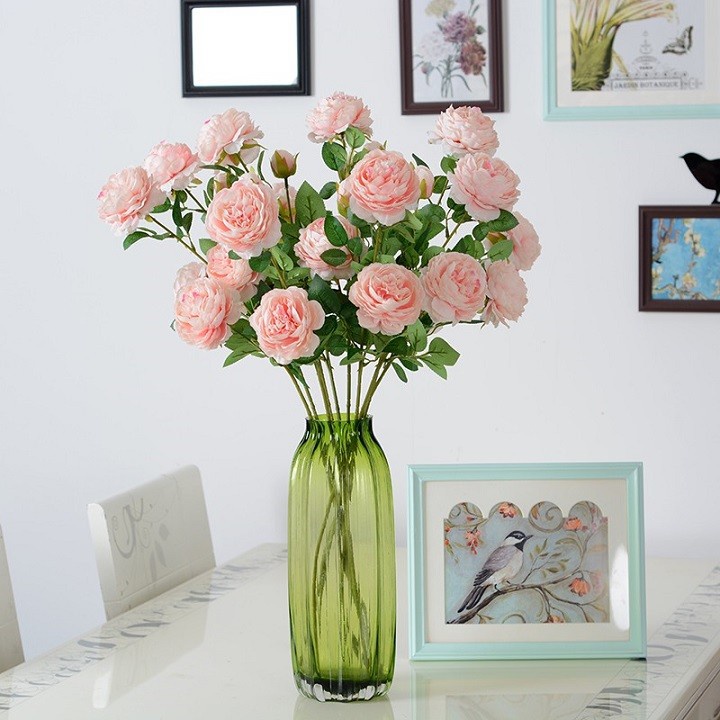 Hoa hồng mẫu đơn vải lụa - hoa hồng giả cành 3 bông decor trang trí nhà cửa lễ tiệc No.