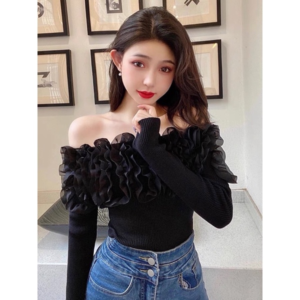 Áo len tăm trễ vai tiểu thư