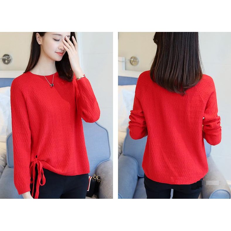 Áo len nữ hàn quốc from rộng cổ tròn dài tay chất đẹp,cột dây xinh xắn Al16