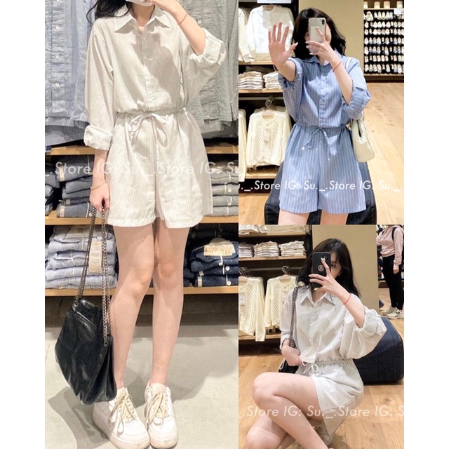 Jumsuit đồ bay kẻ cổ sơ mi buộc eo rút dây thoải mái tay dài thanh lịch công sở năng động style hàn quốc