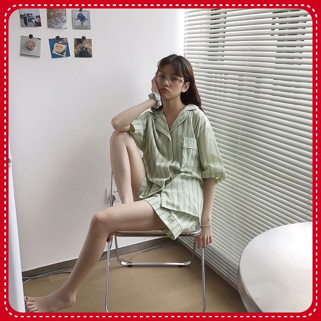 Đồ Ngủ Pijama Ngắn Tay, Bộ Ngủ Họa Tiết Kẻ Sọc Ulzzang Hot Trend | BigBuy360 - bigbuy360.vn