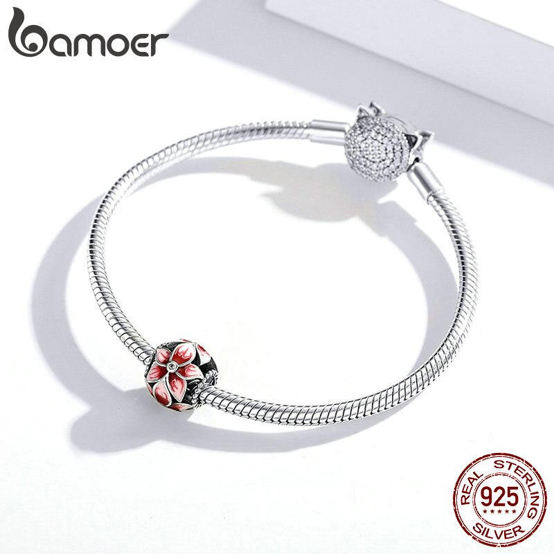 Mặt trang sức bamoer SCC1707 hình hoa anh đào 3mm bằng bạc thật 925 dùng làm vòng tay độc đáo