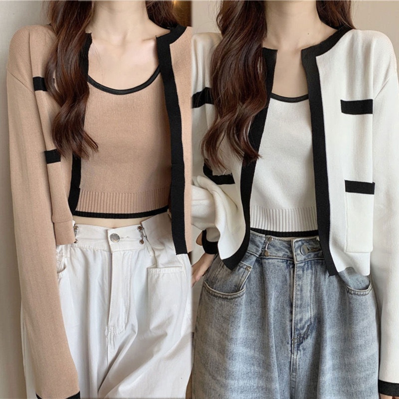 Bộ Áo Croptop Dệt Kim Dài Tay + Áo Hai Dây Dệt Kim Màu Khối Cá Tính Cho Nữ