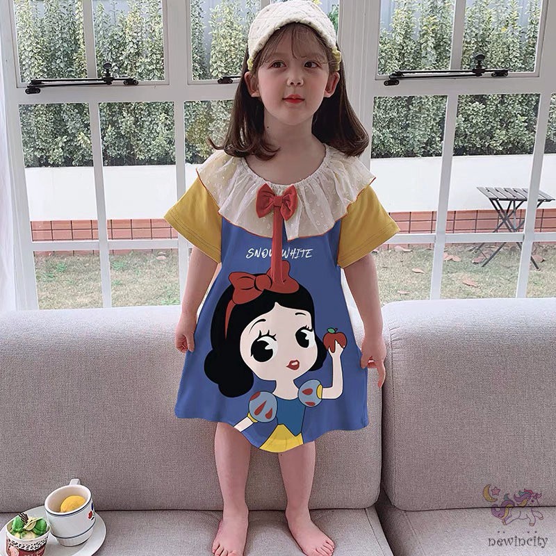 Đầm ngủ tay ngắn cổ bẻ in họa tiết hoạt hình đính nơ phối ren phong cách Hàn Quốc dễ thương cho bé gái