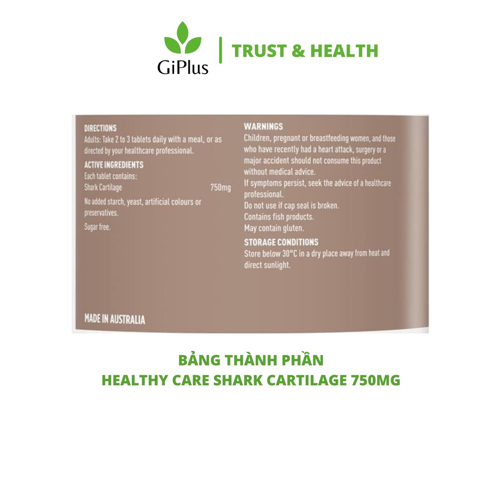Viên Uống Hỗ Trợ Xương Khớp Healthy Care Shark Cartilage 750mg (200 viên/Lọ)