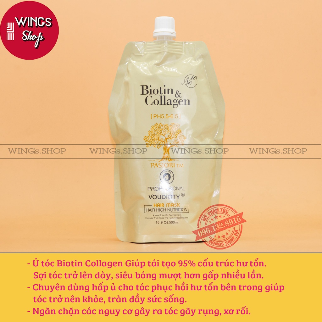 Kem Hấp Xả Ủ Tóc Biotin Collagen Phục Hồi Tái Sinh Tóc Giúp Tóc Siêu Mềm Mượt 500ml | Wings Shop