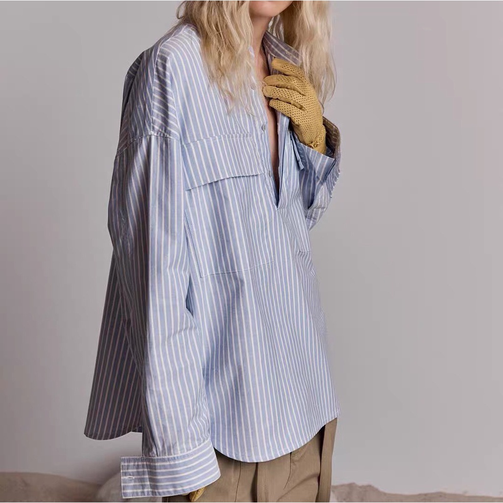 ⚡️[CHỈ 1 NGÀY] - Áo sơ mi Fear of God - Oversized Grandad-Collar Striped Cotton Oxford Half-Placket Shirt - Blue | BigBuy360 - bigbuy360.vn