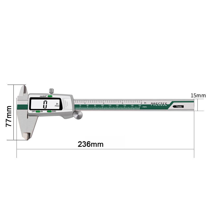 Thước cặp hiển thị kỹ thuật số bằng thép không gỉ 150mm Phân đoạn / MM / inch Công cụ đo thước đo LCD Vernier bằng thép không gỉ có độ chính xác cao