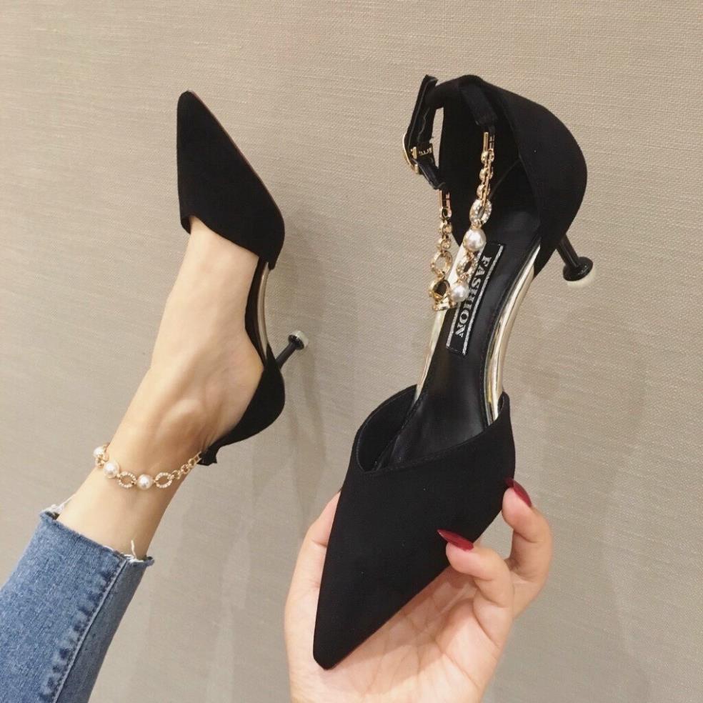 GIÀY SANDAL NỮ, GIÀY CAO GÓT NỮ QUAI NGỌC BÍT MŨI DA LỘN GÓT 5P SANG CHẢNH LeL