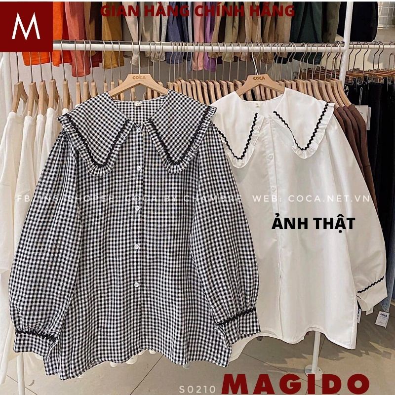 Áo Sơ Mi Nữ form rộng 2 mầu cổ sen kiểu dáng hàn quốc tiểu thư dễ thương đẹp dài tay ulzzang vintage -MAGIDO