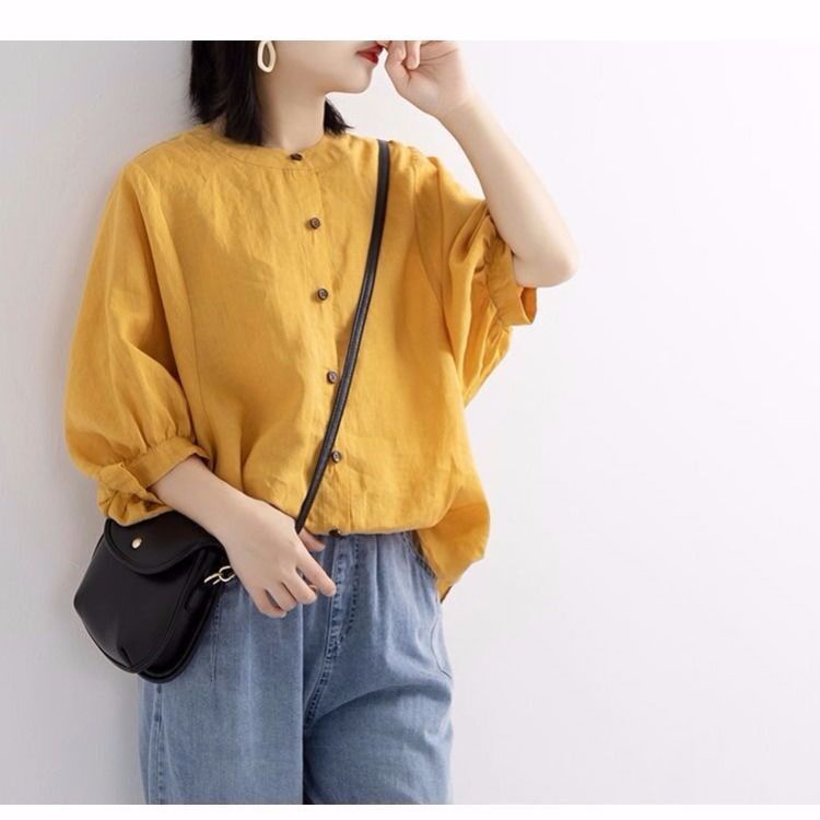 Áo Sơ Mi Cotton Lanh Mỏng Tay Phồng Dáng Rộng Màu Trơn Cổ Điển Thời Trang Cho Phụ Nữ Trung Niên