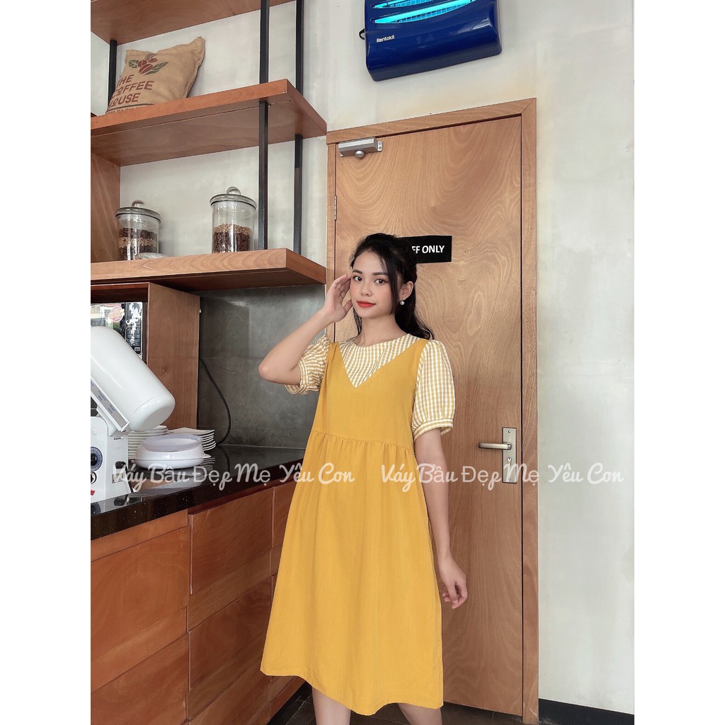 Váy Bầu Công Sở, Đầm Bầu Babydoll Vàng Phối Kẻ Vàng Giả Yếm [Video + ảnh thật ]