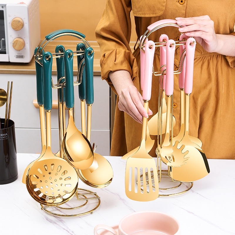 ❤️ 𝙁𝙍𝙀𝙀 𝙎𝙃𝙄𝙋 ❤️ Bộ dụng cụ nhà bếp, nấu ăn cao cấp 304 không gỉ kèm giá treo tiện lợi phong cách Châu Âu