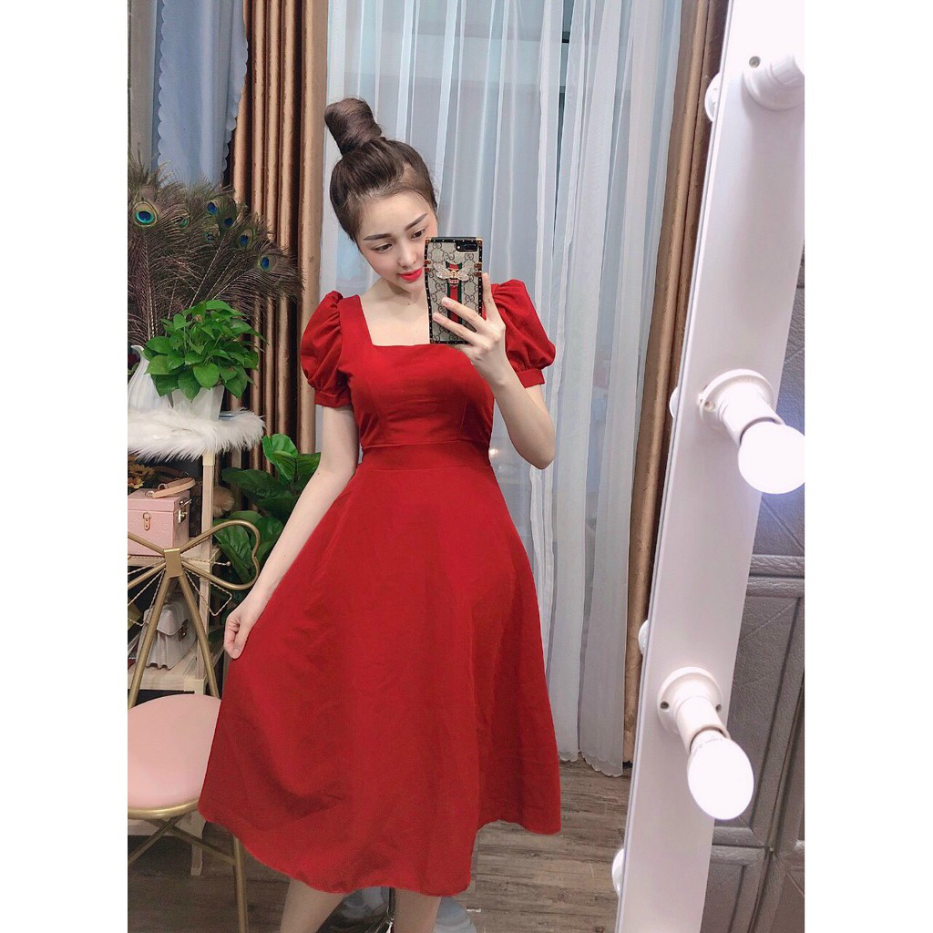 Đầm cổ vuông tay phồng dáng dài + Ảnh thật mẫu mặc