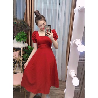 Đầm cổ vuông tay phồng dáng dài + Ảnh thật mẫu mặc