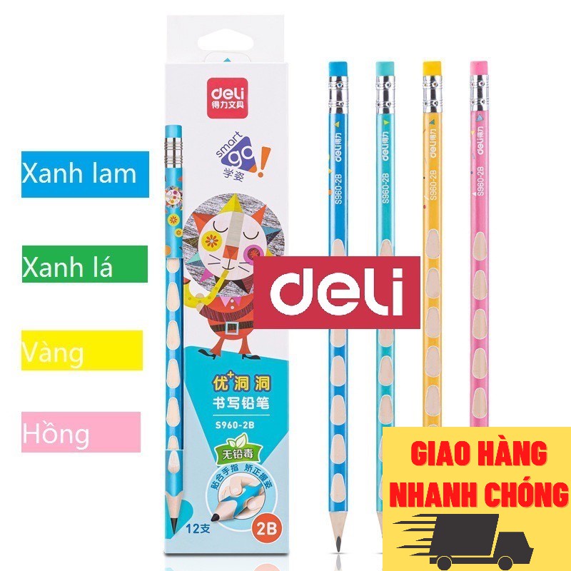 Bút Chì Định vị 2B kèm tẩy Deli hình ngộ nghĩnh hộp 12 chiếc Xanh lá / Xanh lam / Hồng / Vàng