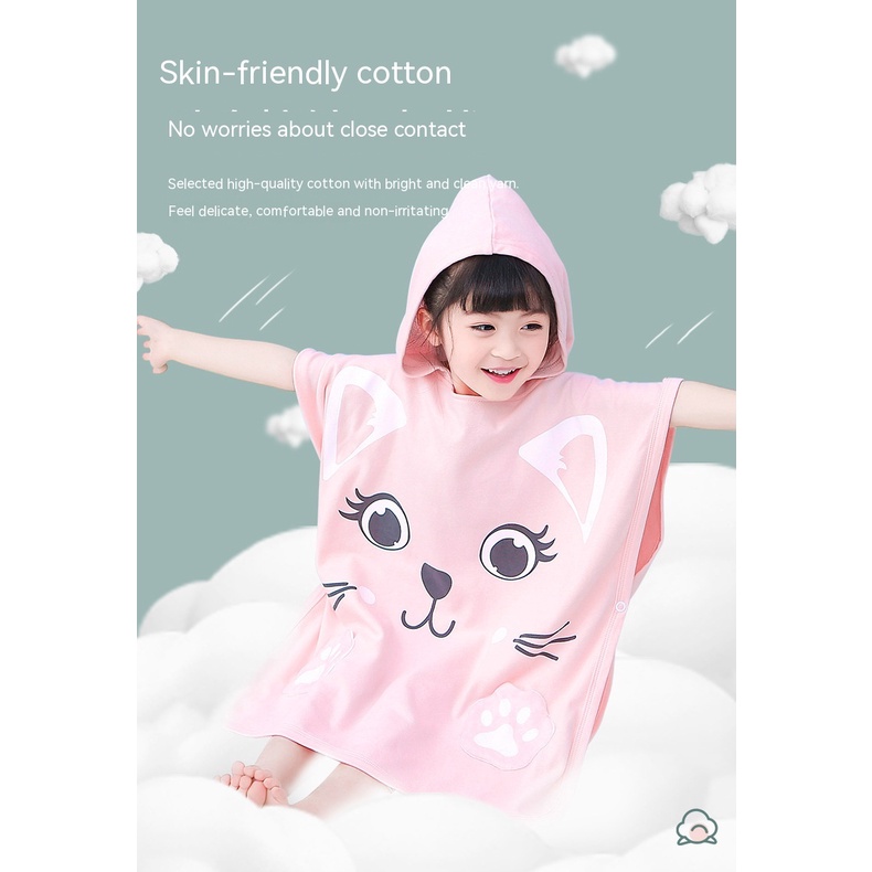 Khăn Choàng Tắm Có Mũ Trùm Chất Liệu Cotton Khô Thoáng Nhanh Cho Bé