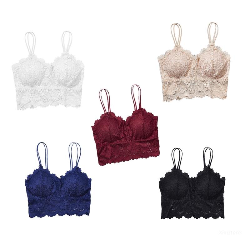 Áo ngực hai dây mảnh không gọng cổ chữ V xẻ sâu có đệm tháo rời phối ren hoa hướng dương màu trơn thời trang cho nữ