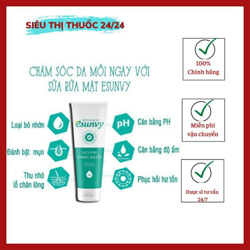 Sữa rửa mặt ngừa mụn, sạch mụn kháng khuẩn ít bọt Esunvy chính hãng