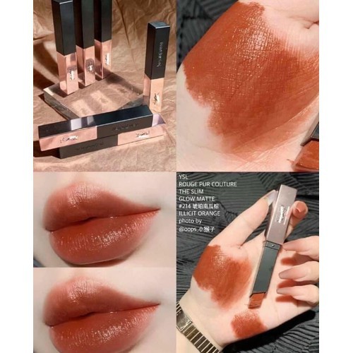 Son YSL Rouge Pur Couture The Slim Glow Matte, Son lì có dưỡng mềm môi cao cấp phiên bản mới vỏ vàng hồng sang chảnh