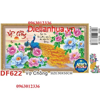 tranh đính đá thư pháp vợ chồng đôi chim công kt 90x50cm