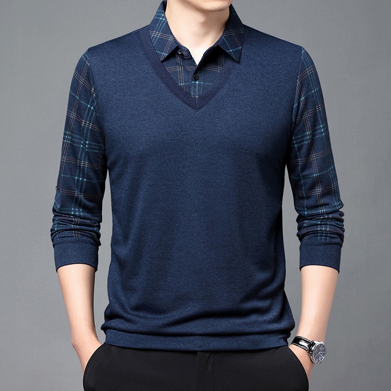 ☞〖Dòng NCX_6618〗 Ve áo nam, áo phông dài tay ~ size lớn, ôm vừa vặn, giả hai mảnh, phần mỏng, ôm vừa vặn, in kẻ sọc, phối màu, áo thường, áo POLO