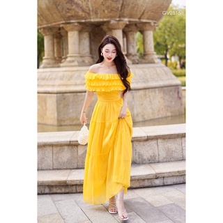 maxi voan vàng 3 tầng kiểu bẹt vai khoe dáng cực xinh (ảnh thật ) (87620)