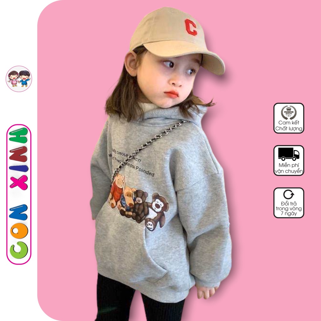 Áo hoodie bé gái Con Xinh phom rộng nỉ hình in NHỮNG CHÚ GẤU,thời trang thu đông dành cho bé từ 4 đến 10 tuổi