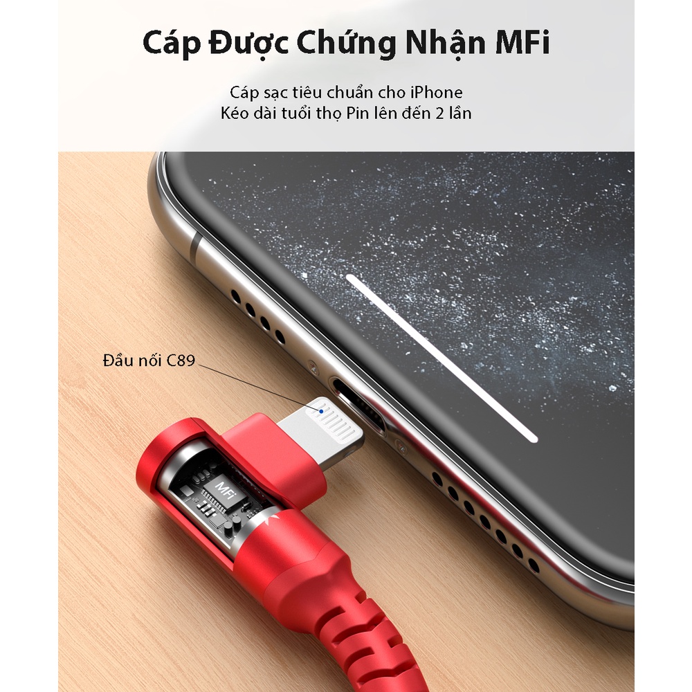 Cáp Sạc Nhanh Lightning 90 Độ JSAUX MFI 1.8M - Sử Dụng Cho iPhone iPad - Cáp siêu bền