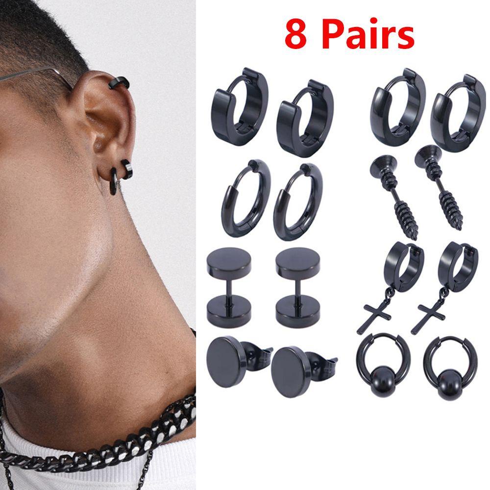 Set 8 Đôi Khuyên Tai Tròn Bằng Thép Titan Không Gỉ Màu Ngà Phong Cách Rock Punk Dành Cho Nam Và Nữ