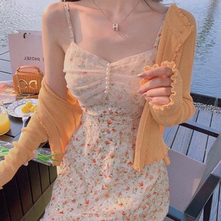 Váy Hai Dây Hoa Nhí Dáng Dài, Đầm Maxi Đi Biển Cổ V Chun Ngực Đuôi Cá Xẻ Tà Tông Màu Cam