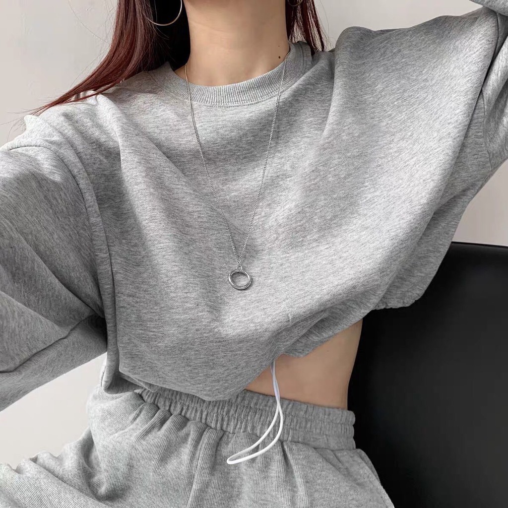 Áo Croptop Rút Dây Trơn Tay Dài Dáng Rộng Ulzzang - MM