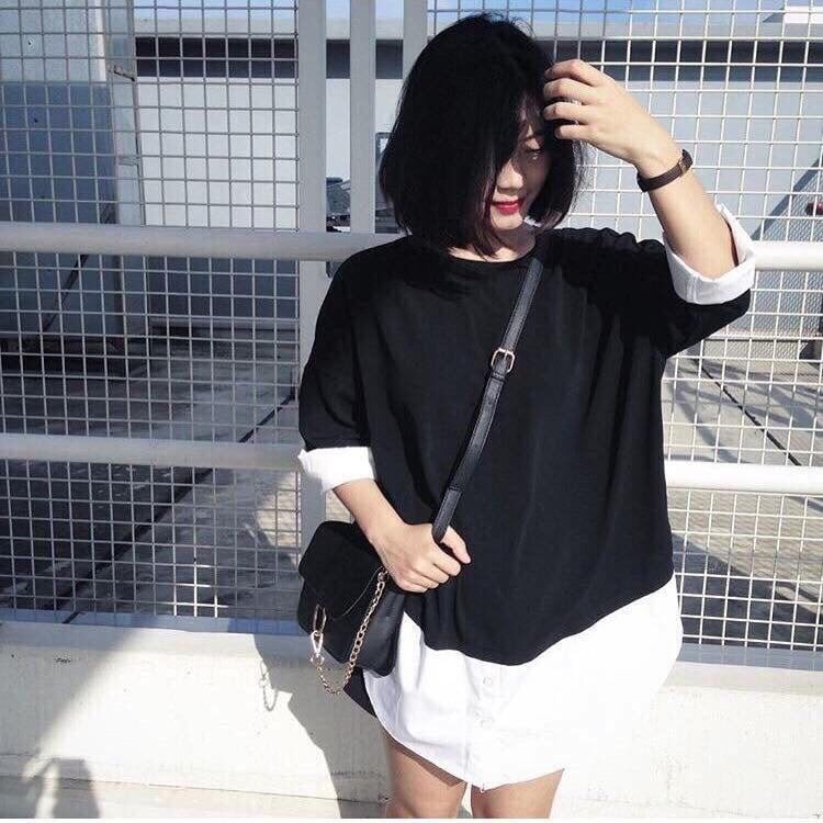 Áo thun sơ mi phối kate hai màu đen trắng cá tính TTSA0002