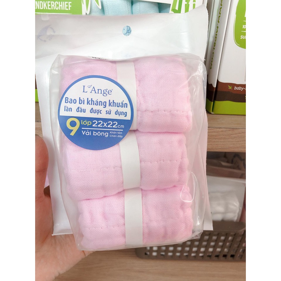 SET 3 KHĂN XÔ VẢI BÔNG 9 LỚP L ANGE SỢI BÔNG CẤP Y TẾ VÀ BAO BÌ KHÁNG KHUẨN 22X22CM