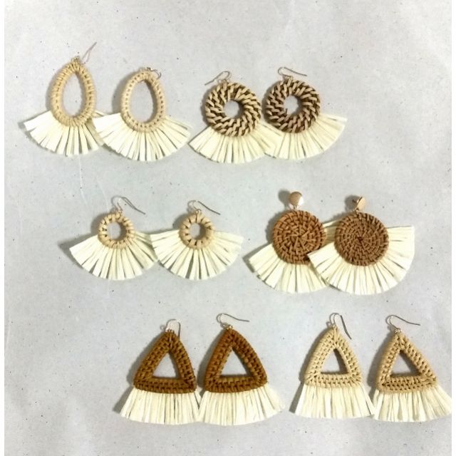 Khuyên tai mây tre đan  khuyên tai mây tre cói đi biển, thời trang đi biển, set đồ đi biển