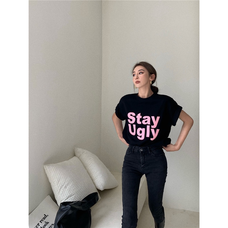 Áo Thun Nữ Tay Ngắn Cổ Tròn In Chữ Phong Cách Hàn Quốc
