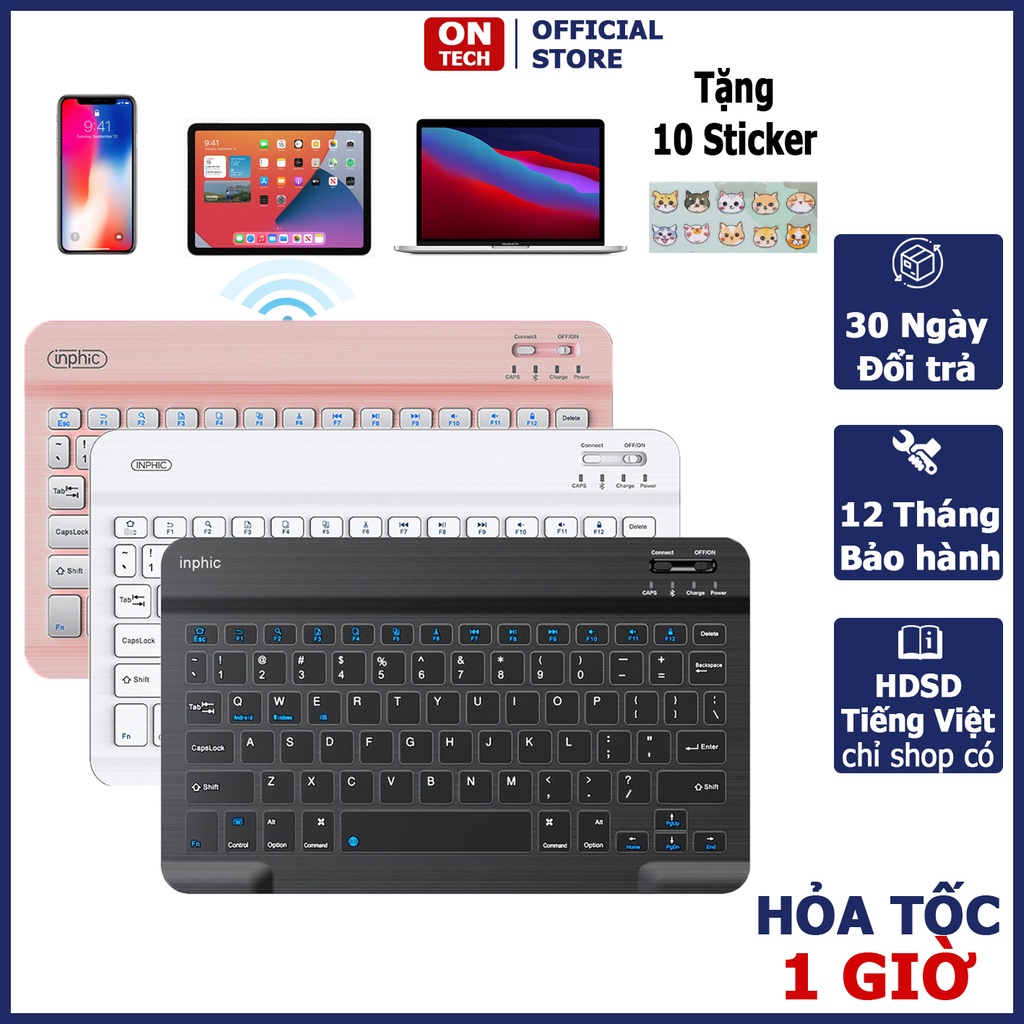 Bàn Phím Cho tablet táo ĐT tablet Laptop Bluetooth ko dây Inphic V750B Siêu Mỏng Chống Bám Vân Tay Pin Sạc