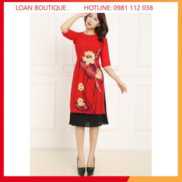 Aó dài trung niên_Sét áo dài cách tân 2 lớp liền váy chất lụa Hàn cao cấp